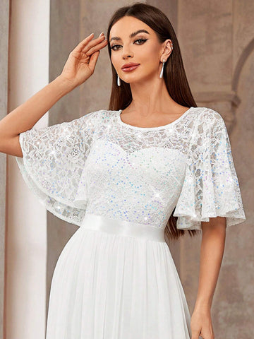 MIUSOL Butterfly Sleeve Sequin Insert Lace Chiffon Formal Party Long Dress