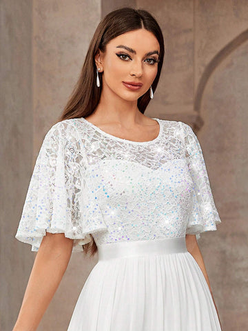 MIUSOL Butterfly Sleeve Sequin Insert Lace Chiffon Formal Party Long Dress