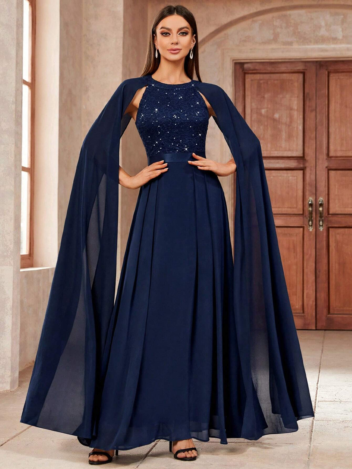 MIUSOL Cloak Sleeve Sequin Insert Floral Lace Chiffon Evening Party Long Dress