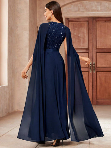 MIUSOL Cloak Sleeve Sequin Insert Floral Lace Chiffon Evening Party Long Dress