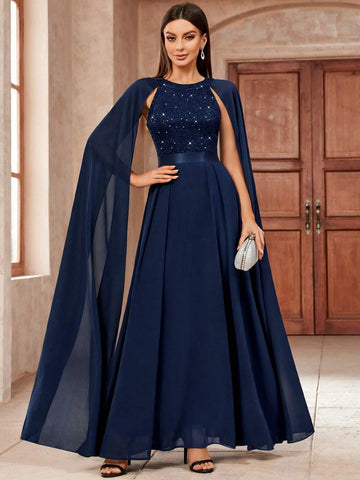 MIUSOL Cloak Sleeve Sequin Insert Floral Lace Chiffon Evening Party Long Dress