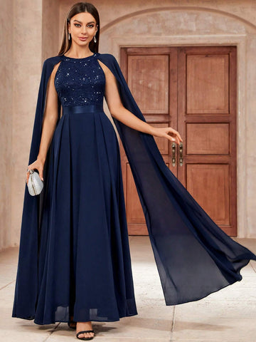 MIUSOL Cloak Sleeve Sequin Insert Floral Lace Chiffon Evening Party Long Dress