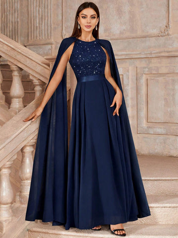 MIUSOL Cloak Sleeve Sequin Insert Floral Lace Chiffon Evening Party Long Dress