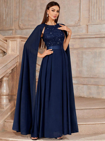 MIUSOL Cloak Sleeve Sequin Insert Floral Lace Chiffon Evening Party Long Dress