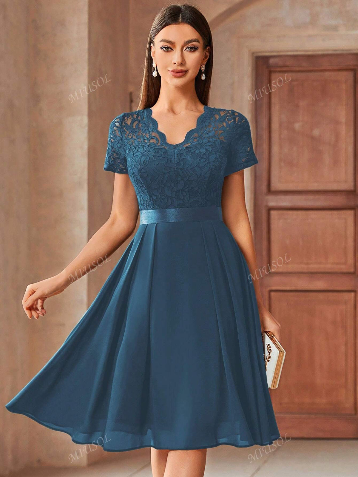 MIUSOL Contrast Floral Lace Chiffon Cocktail Party Swing Dress,Wedding Event Dress