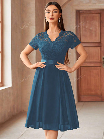 MIUSOL Contrast Floral Lace Chiffon Cocktail Party Swing Dress,Wedding Event Dress