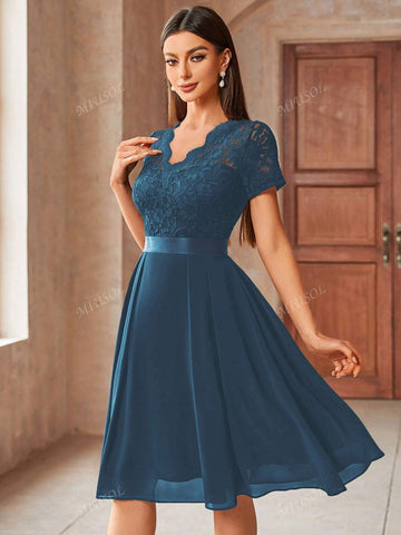 MIUSOL Contrast Floral Lace Chiffon Cocktail Party Swing Dress,Wedding Event Dress