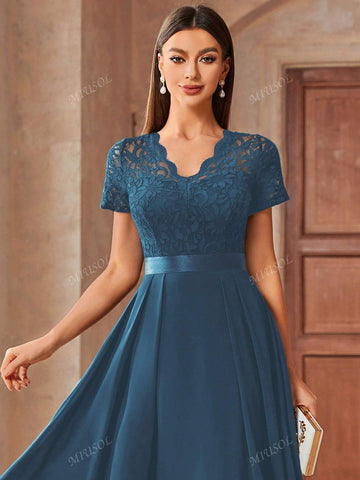 MIUSOL Contrast Floral Lace Chiffon Cocktail Party Swing Dress,Wedding Event Dress