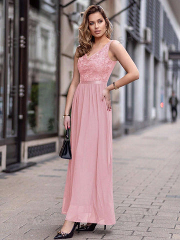 MIUSOL Contrast Lace Chiffon Formal Dress