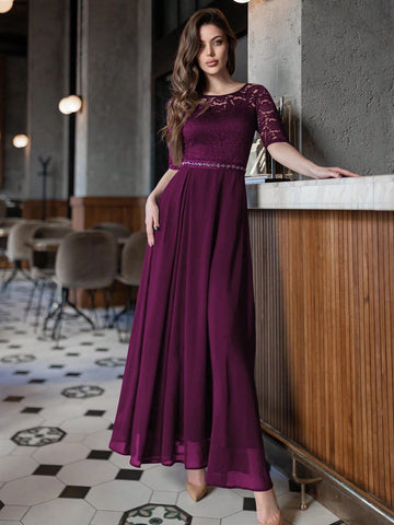 Contrast Lace Chiffon Panel Evening Party Maxi Dress