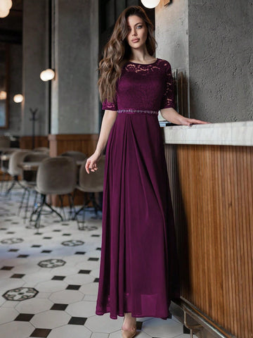 Contrast Lace Chiffon Panel Evening Party Maxi Dress