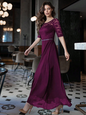 Contrast Lace Chiffon Panel Evening Party Maxi Dress