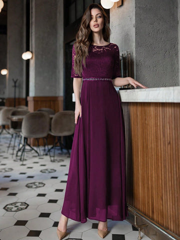 Contrast Lace Chiffon Panel Evening Party Maxi Dress