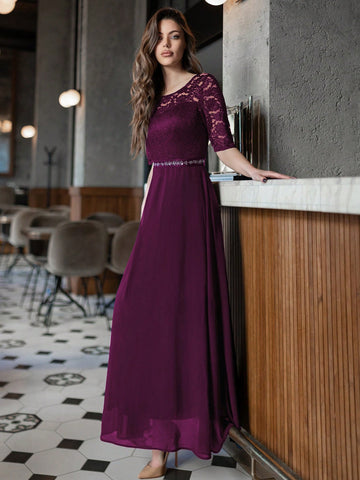 Contrast Lace Chiffon Panel Evening Party Maxi Dress