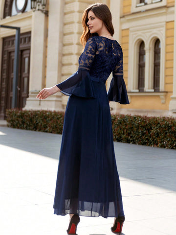 MIUSOL Contrast Lace Flounce Sleeve Chiffon Mother of the Bride Dress