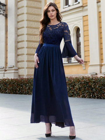 MIUSOL Contrast Lace Flounce Sleeve Chiffon Mother of the Bride Dress