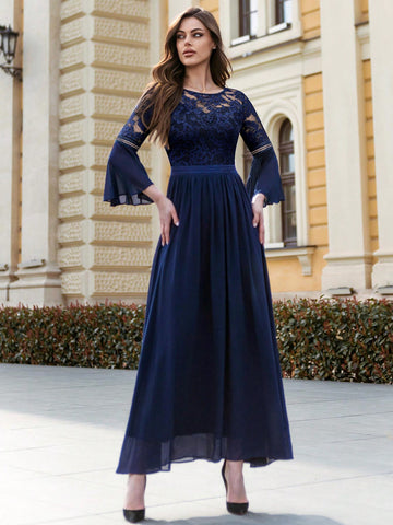 MIUSOL Contrast Lace Flounce Sleeve Chiffon Mother of the Bride Dress