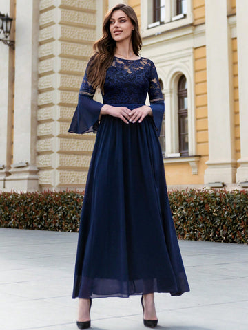 MIUSOL Contrast Lace Flounce Sleeve Chiffon Mother of the Bride Dress
