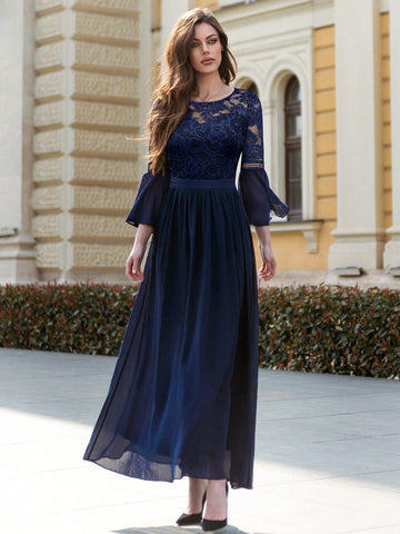 MIUSOL Contrast Lace Flounce Sleeve Chiffon Mother of the Bride Dress