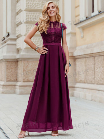 MIUSOL Contrast Lace Fold Pleated Chiffon Formal Gown