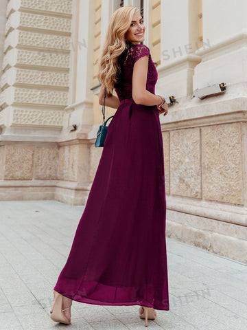 MIUSOL Contrast Lace Fold Pleated Chiffon Formal Gown