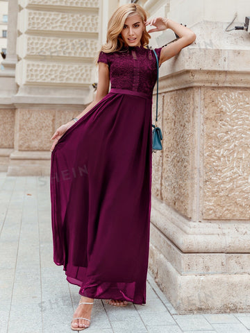 MIUSOL Contrast Lace Fold Pleated Chiffon Formal Gown