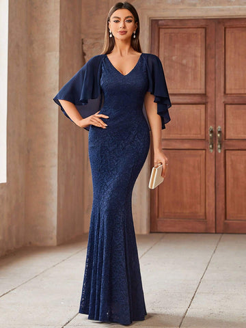 MIUSOL Contrast Lace Panel Chiffon Butterfly Sleeve Side Split Thigh Evening Party Long Dress