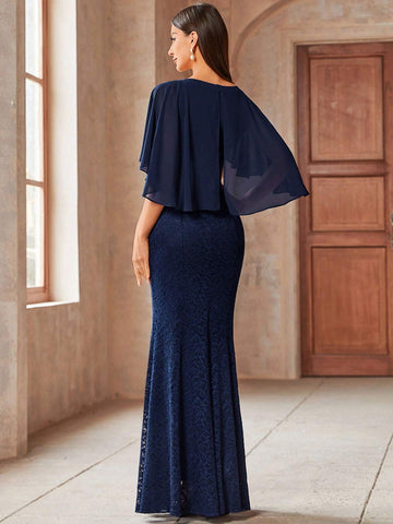 MIUSOL Contrast Lace Panel Chiffon Butterfly Sleeve Side Split Thigh Evening Party Long Dress