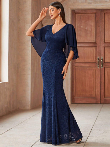 MIUSOL Contrast Lace Panel Chiffon Butterfly Sleeve Side Split Thigh Evening Party Long Dress