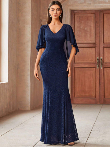 MIUSOL Contrast Lace Panel Chiffon Butterfly Sleeve Side Split Thigh Evening Party Long Dress