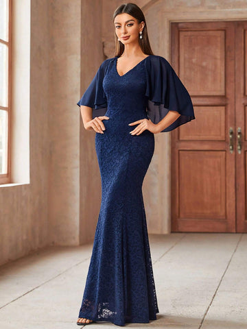 MIUSOL Contrast Lace Panel Chiffon Butterfly Sleeve Side Split Thigh Evening Party Long Dress