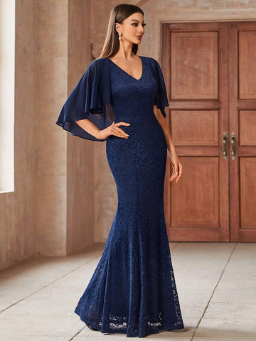 MIUSOL Contrast Lace Panel Chiffon Butterfly Sleeve Side Split Thigh Evening Party Long Dress