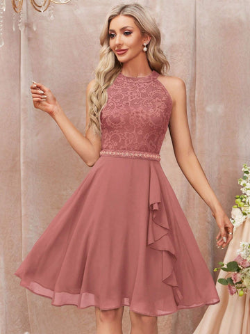 MIUSOL Contrast Lace Ruffle Trim Chiffon Cocktail Party Swing Dress
