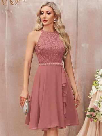 MIUSOL Contrast Lace Ruffle Trim Chiffon Cocktail Party Swing Dress