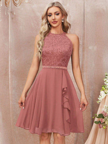 MIUSOL Contrast Lace Ruffle Trim Chiffon Cocktail Party Swing Dress