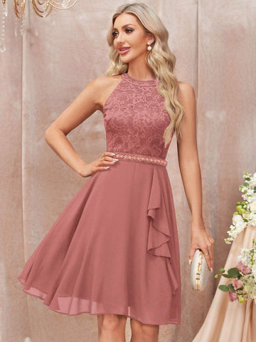 MIUSOL Contrast Lace Ruffle Trim Chiffon Cocktail Party Swing Dress