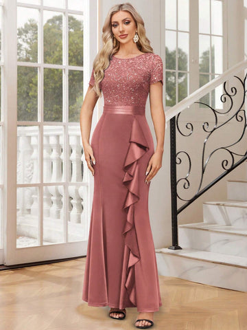 MIUSOL Contrast Lace Sequin Insert Ruffle Trim Mermaid Hem Satin Evening Party Fitted Dress
