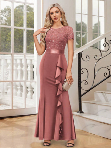 MIUSOL Contrast Lace Sequin Insert Ruffle Trim Mermaid Hem Satin Evening Party Fitted Dress