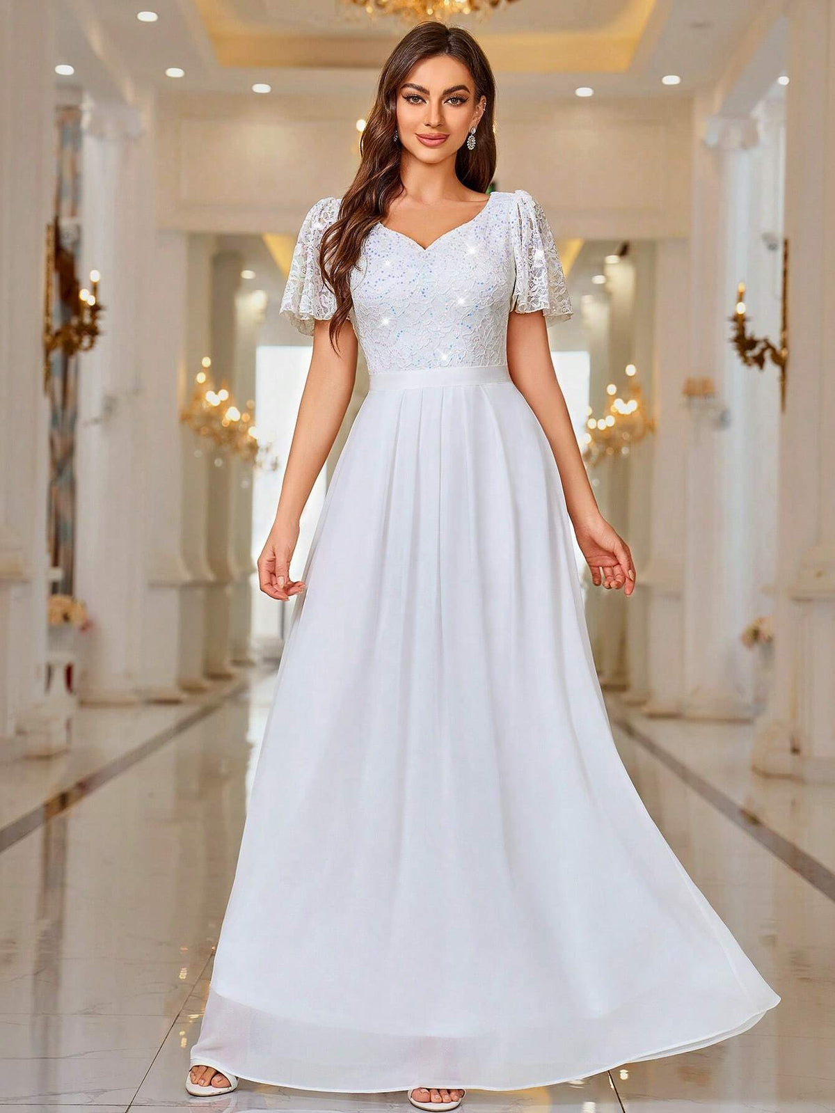 MIUSOL Contrast Sequin Lace Sweet Heart Neck Flounce Sleeve Evening Party Long Dress