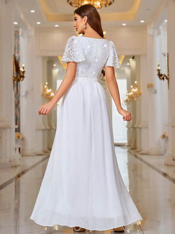 MIUSOL Contrast Sequin Lace Sweet Heart Neck Flounce Sleeve Evening Party Long Dress