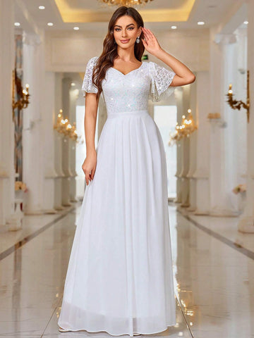 MIUSOL Contrast Sequin Lace Sweet Heart Neck Flounce Sleeve Evening Party Long Dress