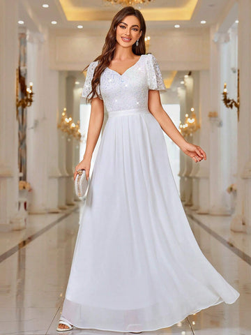 MIUSOL Contrast Sequin Lace Sweet Heart Neck Flounce Sleeve Evening Party Long Dress