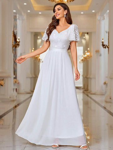 MIUSOL Contrast Sequin Lace Sweet Heart Neck Flounce Sleeve Evening Party Long Dress