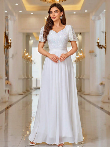 MIUSOL Contrast Sequin Lace Sweet Heart Neck Flounce Sleeve Evening Party Long Dress