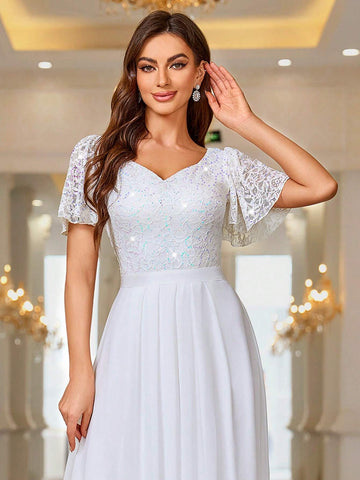 MIUSOL Contrast Sequin Lace Sweet Heart Neck Flounce Sleeve Evening Party Long Dress