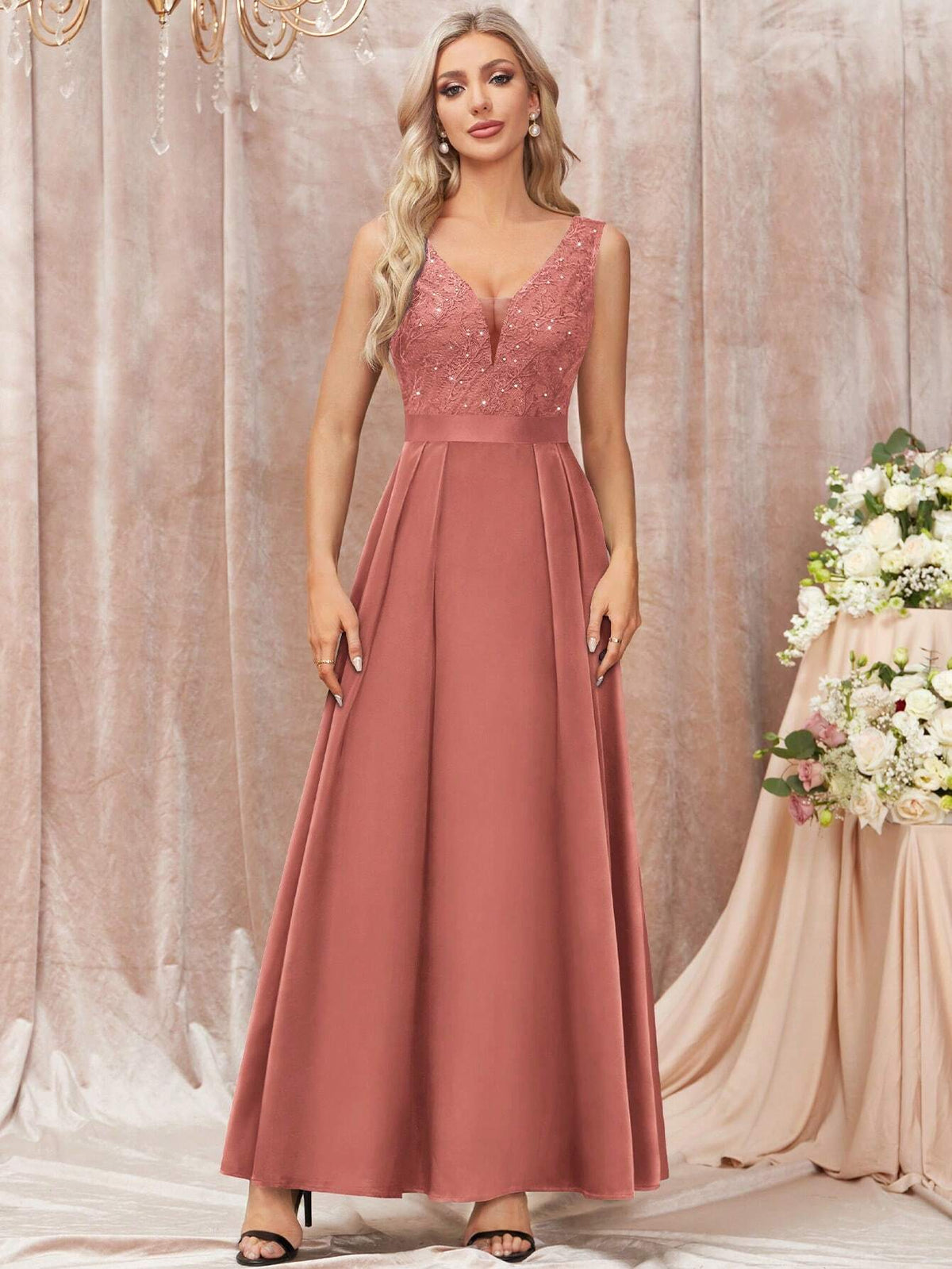 MIUSOL Deep V-Neck Contrast Floral Lace Sequin Insert Ruched A-Line Satin Formal Party Maxi Dress