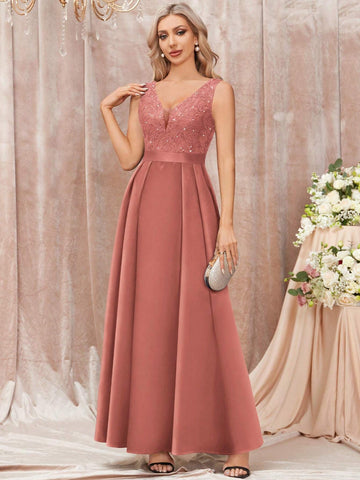 MIUSOL Deep V-Neck Contrast Floral Lace Sequin Insert Ruched A-Line Satin Formal Party Maxi Dress