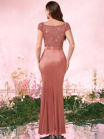 MIUSOL Deep V-Neck Contrast Sequin Lace Ruffle Mermaid Hem Satin Evening Party Maxi Dress