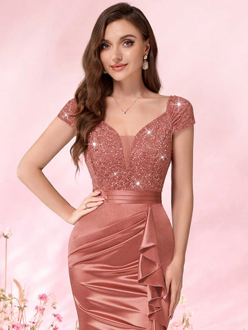 MIUSOL Deep V-Neck Contrast Sequin Lace Ruffle Mermaid Hem Satin Evening Party Maxi Dress