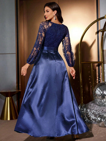 MIUSOL Deep V-Neck Floral Lace Contrast Satin Lantern Sleeve Evening Party Long Dress